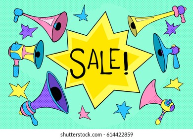 Sale vector banner in retro style with a megaphones. Sweet candy color sale banner template with text place. Hand-drawn retro megaphones with bubbles and stars. Trendy sale or discount announcement