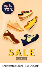 Sale vector banner. Sneaker shoes. Sport shop footwear collection. Illustration for a shoe store. Vector flat illustration.
