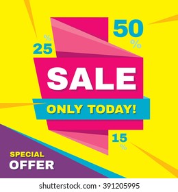 Sale vector banner - special offer 50% off. Abstract background. Origami discount layout. Only today. 