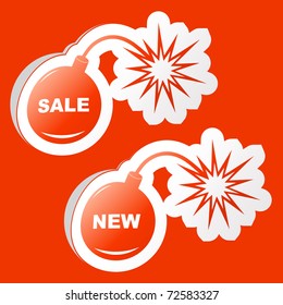 SALE. Vector bomb before explosion. Sticker set.