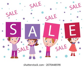 Sale vector concept. Group of happy children holding sale word while standing together