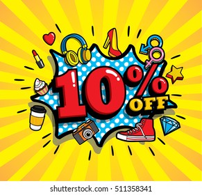 Sale vector design, patches in cartoon 80s-90s comic style.