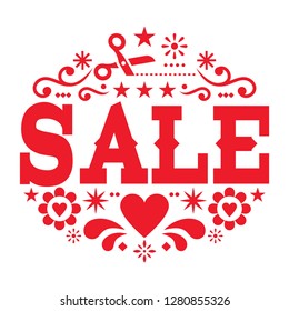 Sale vector vector design with text, flowers and scissors, shopping decorative sign - retro Mexican folk style. Retail, merchandising graphics - sale floral pattern inspired by traditional art 