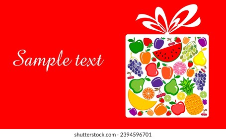 Sale. Vector flat illustration of cardboard box with grocery, fruits and beverage. Donation box with food. Cubic box template. Fruits in boxes in the market. Volunteering donate with nutrition product