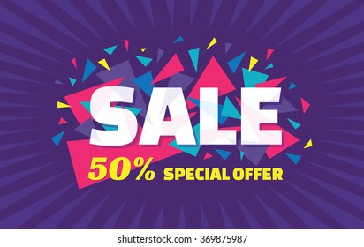 Sale vector horizontal banner - 50% special offer. Layout with triangle elements. Abstract veiolet background. Design concept.