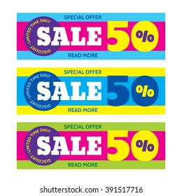 Sale vector horizontal banner - special offer 50%. Limited time only. Abstract background. Discount layout template.