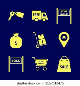 sale vector icons set. with house location, handcart, sale sign and money bag in set
