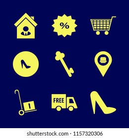 sale vector icons set. with house seller, shopping cart, discount tag and key in set