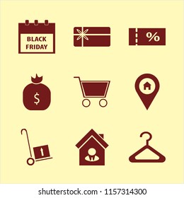 sale vector icons set. with shopping cart, house seller, handcart and hanger in set
