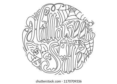 Sale vector illustration. Halloween Sale vector with ghost, bat, spider, spiderweb and lettering. Hand drawn lettering poster. Vector Illustration. Trick or Treat Concept.