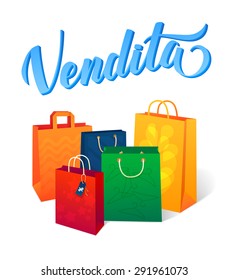 Sale vector illustration. "Sale" Italian language calligraphic inscription. Colored shopping bags. Blank shopping bags for sale
