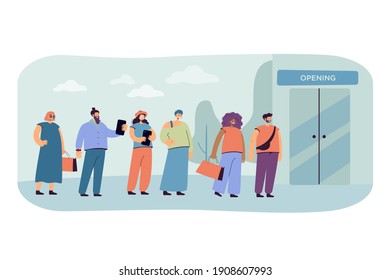 Sale vector illustration. Line of customers waiting store opening. Queue of people standing at boutique entrance. For shopping, retail event, fashion store concept