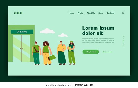 Sale vector illustration. Line of customers waiting store opening. Queue of people standing at boutique entrance. For shopping, retail event, fashion store concept