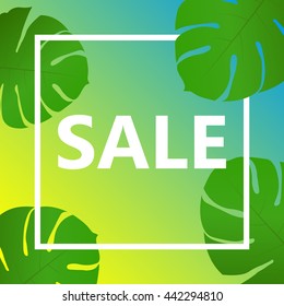 Sale vector illustration with palm leaves. Blue with yellow color background