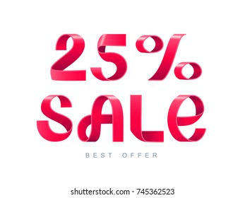  Sale Vector illustration. Red Ribbons isolated on white background. Sale 25 percent off. 25% discount. Sale symbol, sticker tag, special offer label, advertising badge. 3d sign paper folding banner.