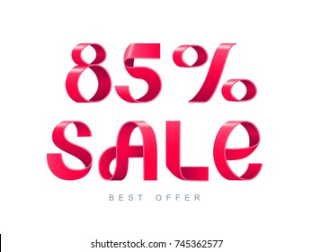  Sale Vector illustration. Red Ribbons isolated on white background. Sale 85 percent off. 85% discount. Sale symbol, sticker tag, special offer label, advertising badge. 3d sign paper folding banner.