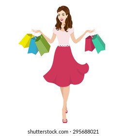 Sale vector illustration with a smile woman with bags. Shopping illustration with fashion girl.