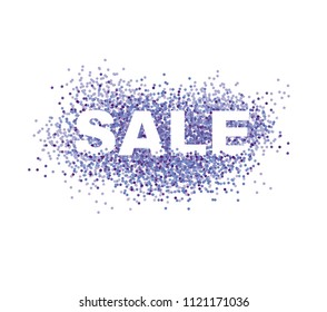 Sale Vector Illustration. White Letters with Blue Confetti. White Background.