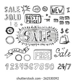 Sale vector isolated set, sketch selling symbols and lables
