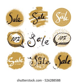 Sale vector label, badge, tag, sign, sticker. Handwritten lettering set: design elements for shop invitation, ad banner, website flyer, poster templates. Gold collection.