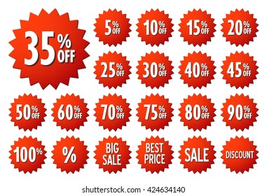 Sale vector label icons. Discount stickers set for shop, retail, promotion. Best price, big sale, 35% off, special offer, discount icons.