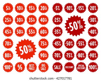 Sale vector label icons. Discount stickers set for shop, retail, promotion. Best price, big sale, 50% off, -50%, special offer, discount icons.