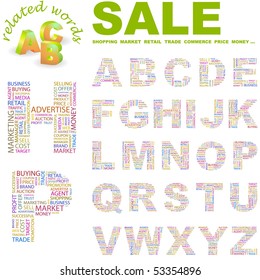 VENTA. Colección de letras del vector. Ilustración de Wordcloud.