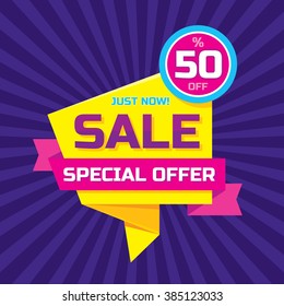 Sale vector origami concept banner template - special offer 50% off. Abstract background. Discount design layout. Sticker creative badge in yellow, pink and violet colors. Just now! 