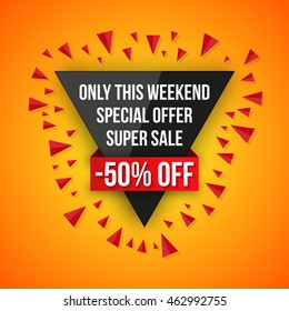 Sale vector origami concept banner template special offer 50 off. Abstract background. Discount design layout. Just now.