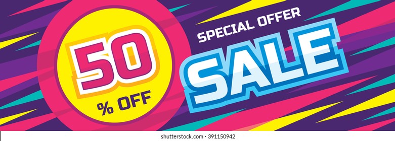 Sale vector origami horizontal banner - special offer 50% off. Abstract background. Design layout template.