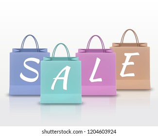 Sale vector Paper shopping bag with handles set isolated on white background. Vector illustration.