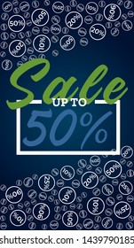 Sale vector poster design with sale up to 50% off in blue background for season marketing promotion. Vertical illustration.