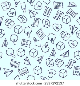 Sale vector seamless pattern. Texture background with thin line icons. Dark blue outline symbols of business on light blue background. Seamless vector pattern for web design, printable product, etc. 