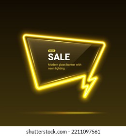 Sale vector template with neon lights. Dialog bubble with thunder flash sign. Vector