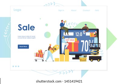 Sale vector website template, web page and landing page design for website and mobile site development. Online shopping offers concept with characters.