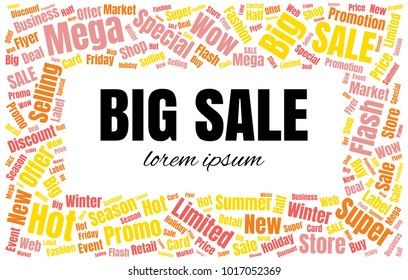 Sale Vector Word Cloud Background. Promotion Concept Backdrop. Collage for Advertising Offer Design