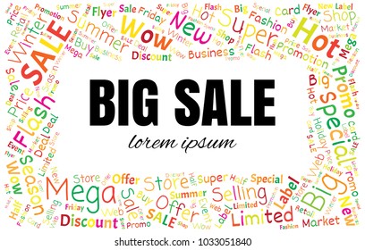 Sale Vector Word Cloud Background. Promotion Concept Backdrop. Collage for Advertising Offer Design