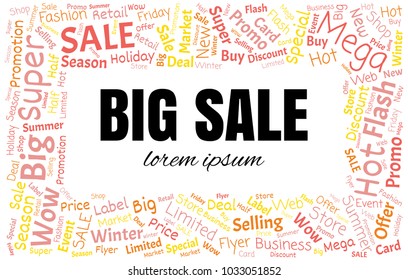 Sale Vector Word Cloud Background. Promotion Concept Backdrop. Collage for Advertising Offer Design