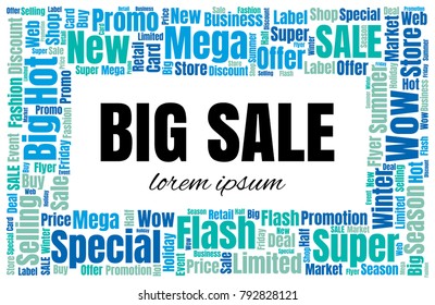 Sale Vector Word Cloud Background. Promotion Concept Backdrop. Collage for Advertising Offer Design