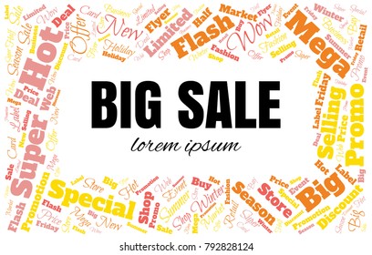 Sale Vector Word Cloud Background. Promotion Concept Backdrop. Collage for Advertising Offer Design