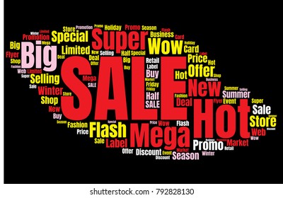 Sale Vector Word Cloud Background. Promotion Concept Backdrop. Collage for Advertising Offer Design
