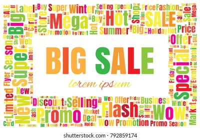 Sale Vector Word Cloud Background. Promotion Concept Backdrop. Collage for Advertising Offer Design