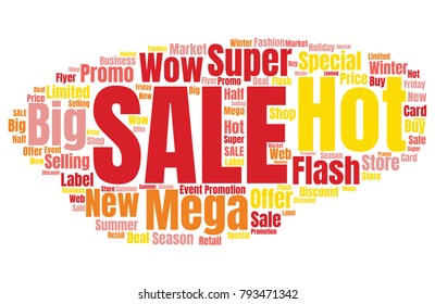 Sale Vector Word Cloud Background. Promotion Concept Backdrop. Collage for Advertising Offer Design