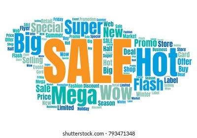 Sale Vector Word Cloud Background. Promotion Concept Backdrop. Collage for Advertising Offer Design