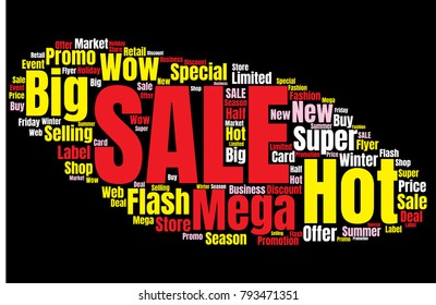 Sale Vector Word Cloud Background. Promotion Concept Backdrop. Collage for Advertising Offer Design