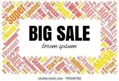 Sale Vector Word Cloud Background. Promotion Concept Backdrop. Collage for Advertising Offer Design