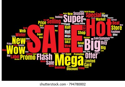 Sale Vector Word Cloud Background. Promotion Concept Backdrop. Collage for Advertising Offer Design
