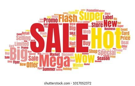 Sale Vector Word Cloud. Promotion Concept Backdrop. Collage for Advertising Background