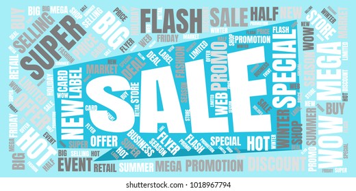 Sale Vector Word Cloud. Promotion Concept Backdrop. Collage for Advertising Background