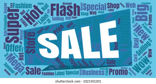 Sale Vector Word Cloud. Promotion Concept Backdrop. Collage for Advertising Background